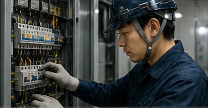 配電盤を点検する電気工事士