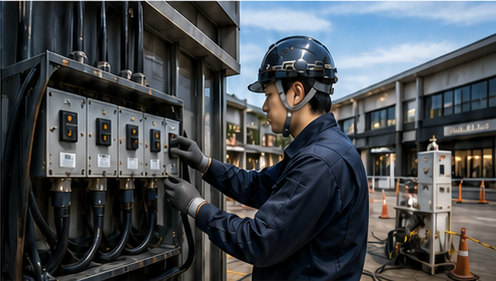 大型商業施設で仮設電源を点検する電気工事士