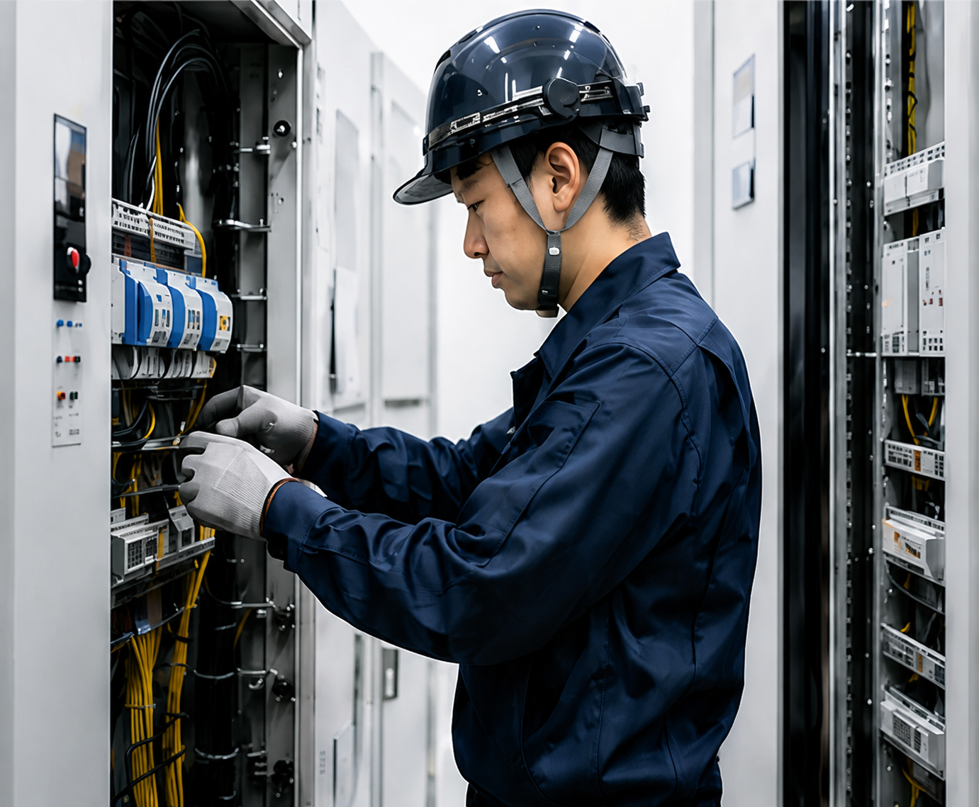 配電盤を点検する電気工事士